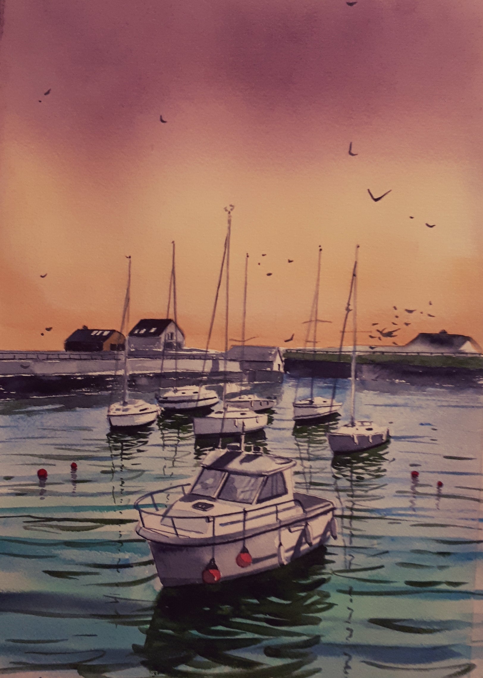 Water colour painting of boats in Courtown Harbour, Gorey, Wexford, by Cathal O'Briain