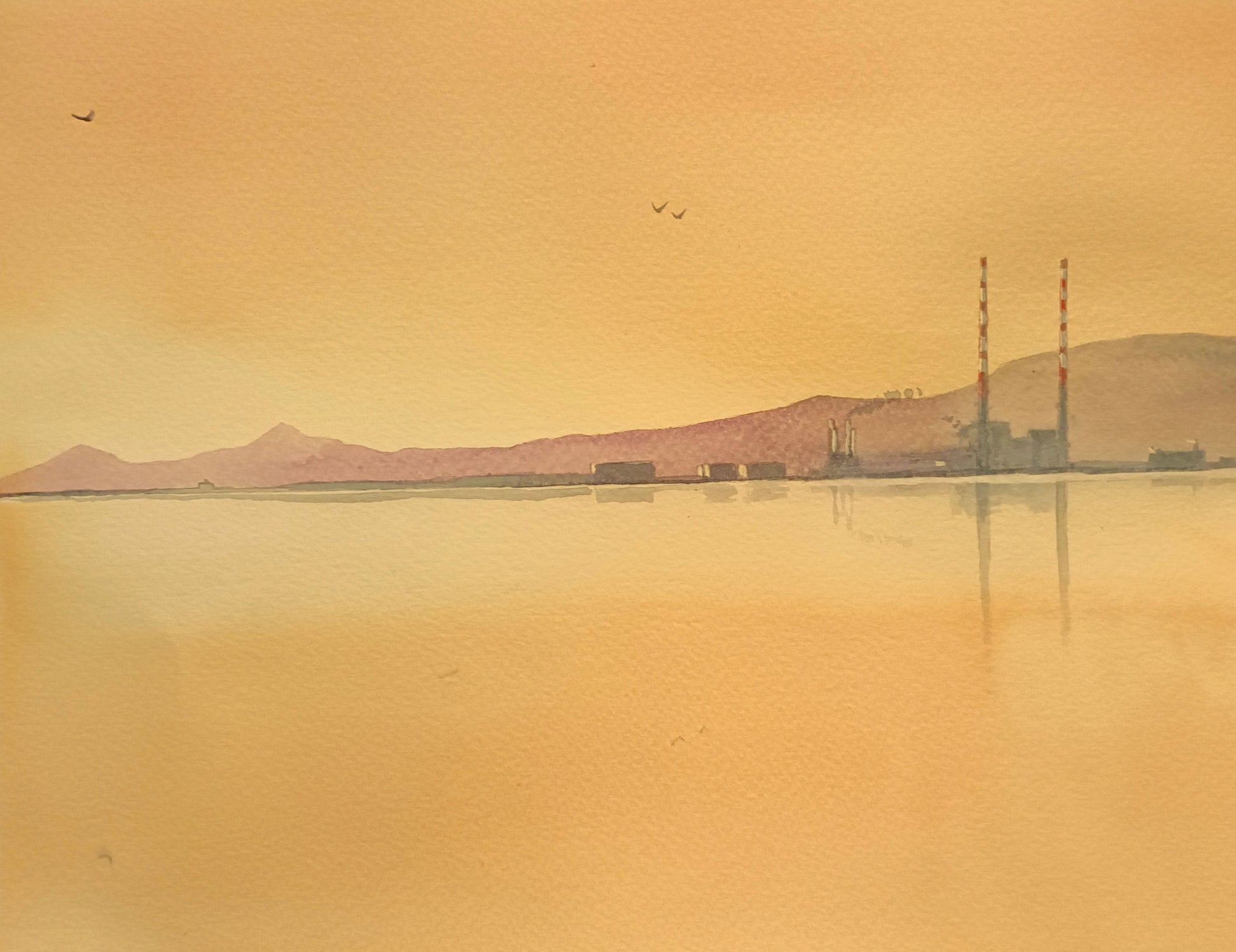 Watercolour painting of the Poolbeg Stacks/Chimneys, Dublin, Ireland, by Cathal O'Briain.