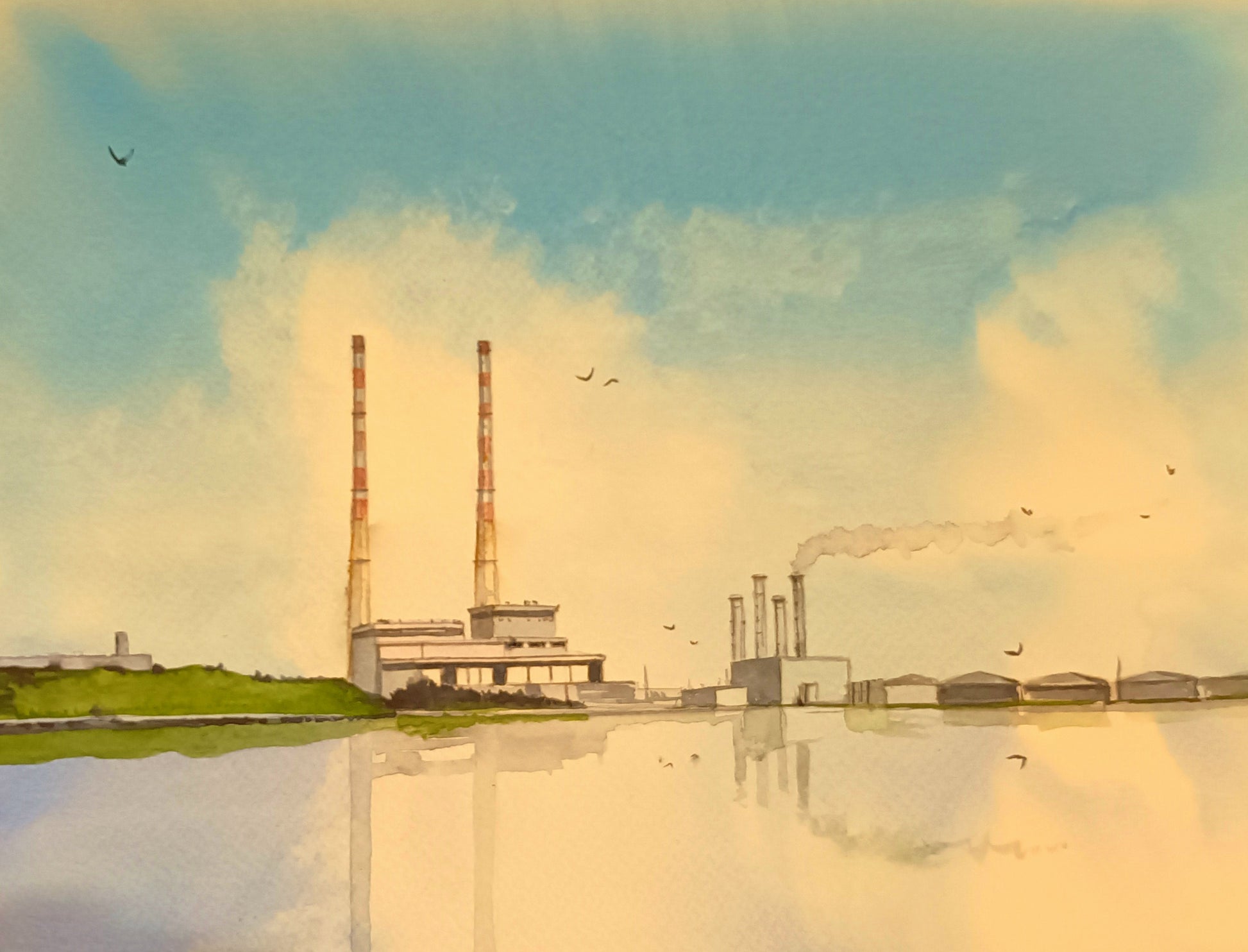 Watercolour painting of the Poolbeg Stacks/Chimneys, Dublin, Ireland, by Cathal O'Briain.