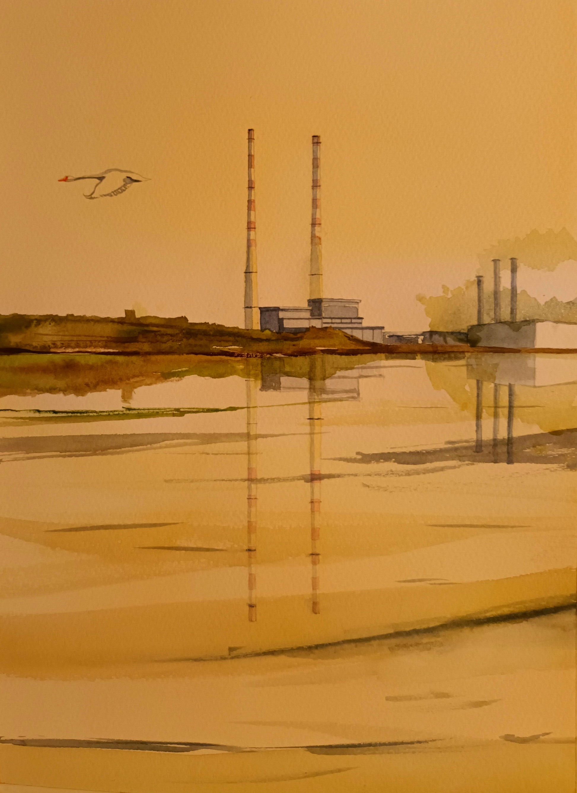 Watercolour painting of the Poolbeg Stacks/Chimneys, Dublin, Ireland, by Cathal O'Briain.
