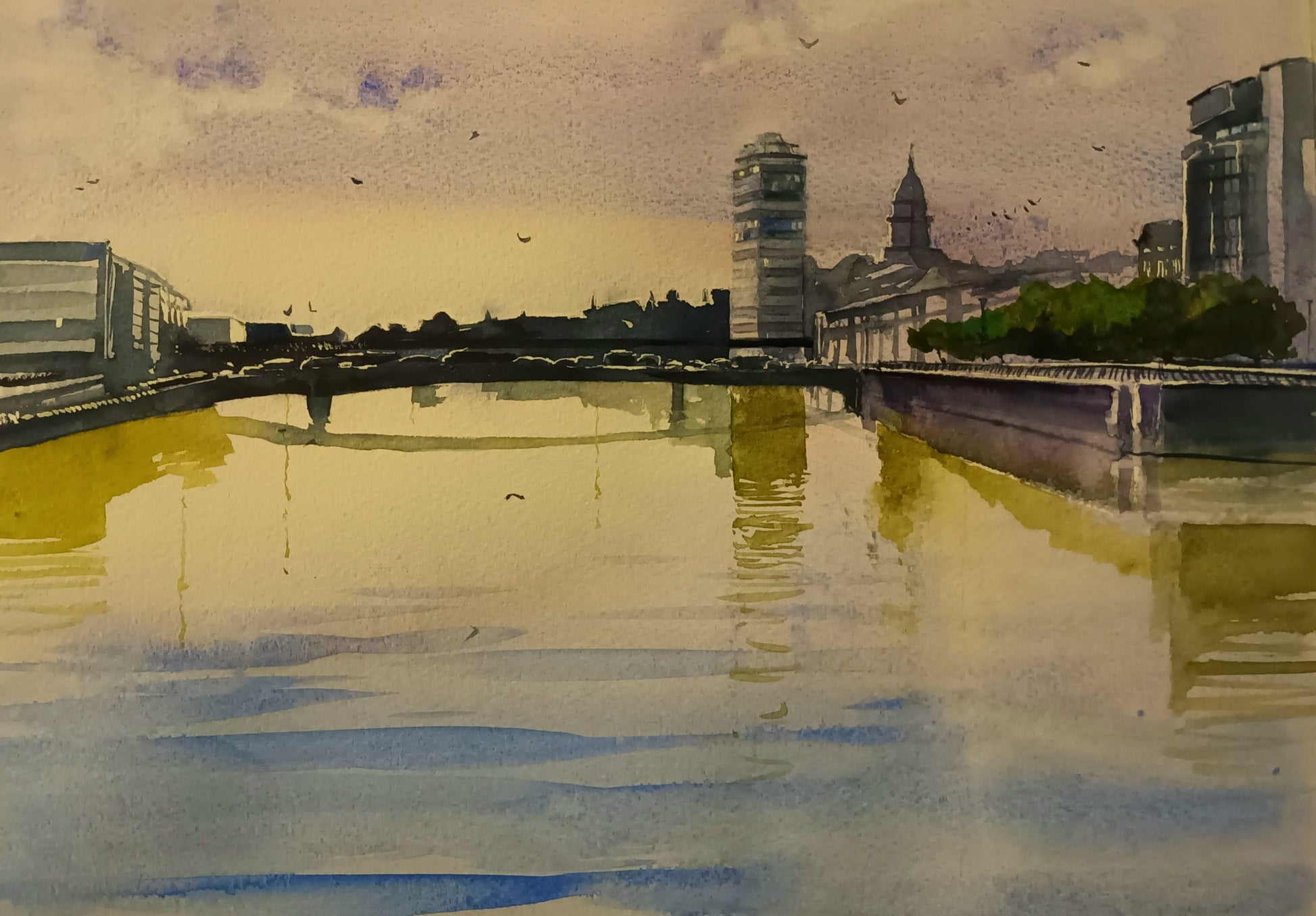 Original Watercolour painting of Dublin City and the River Liffey with Liberty Hall and the Custom House in distance, by Cathal O'Briain.