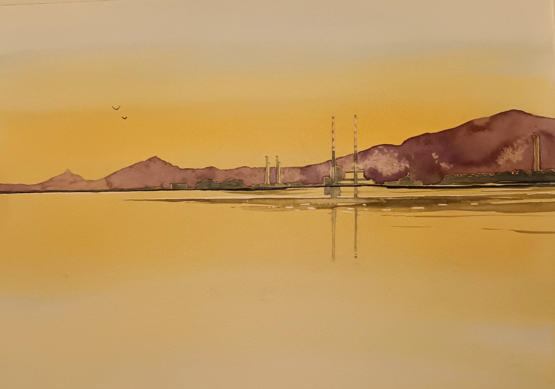 Watercolour painting of the Poolbeg Stacks/Chimneys, Dublin, Ireland, by Cathal O'Briain.