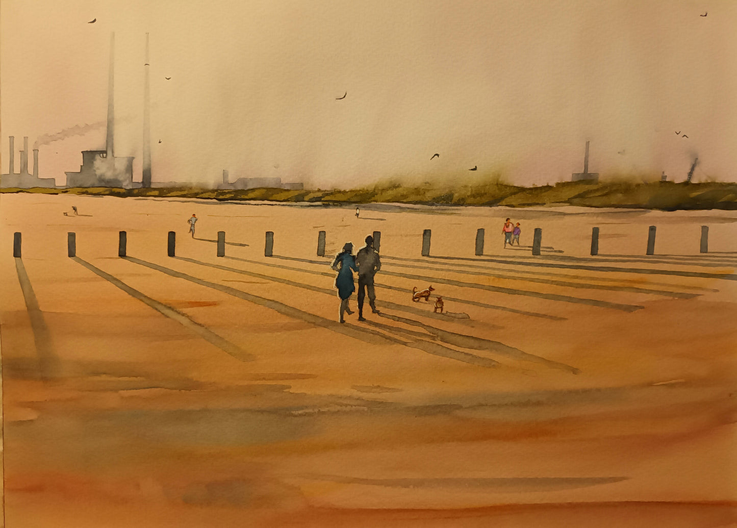 Watercolour painting of the Poolbeg Stacks/Chimneys, and Dollymount Strand, Dublin, Ireland, by Cathal O'Briain.