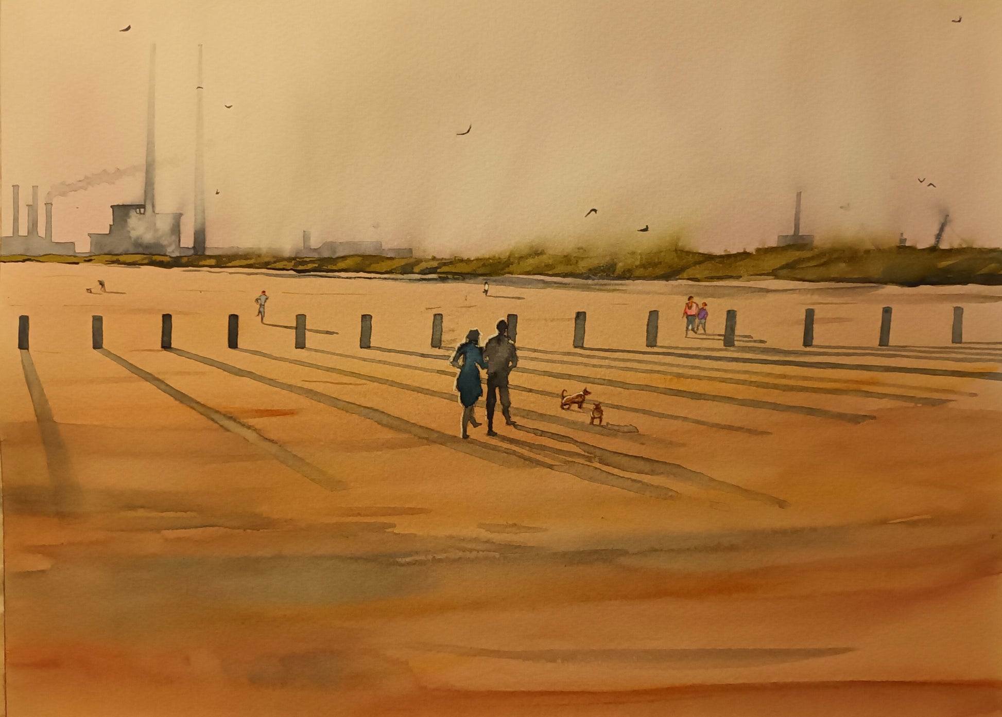 Watercolour painting of the Poolbeg Stacks/Chimneys, and Dollymount Strand, Dublin, Ireland, by Cathal O'Briain.