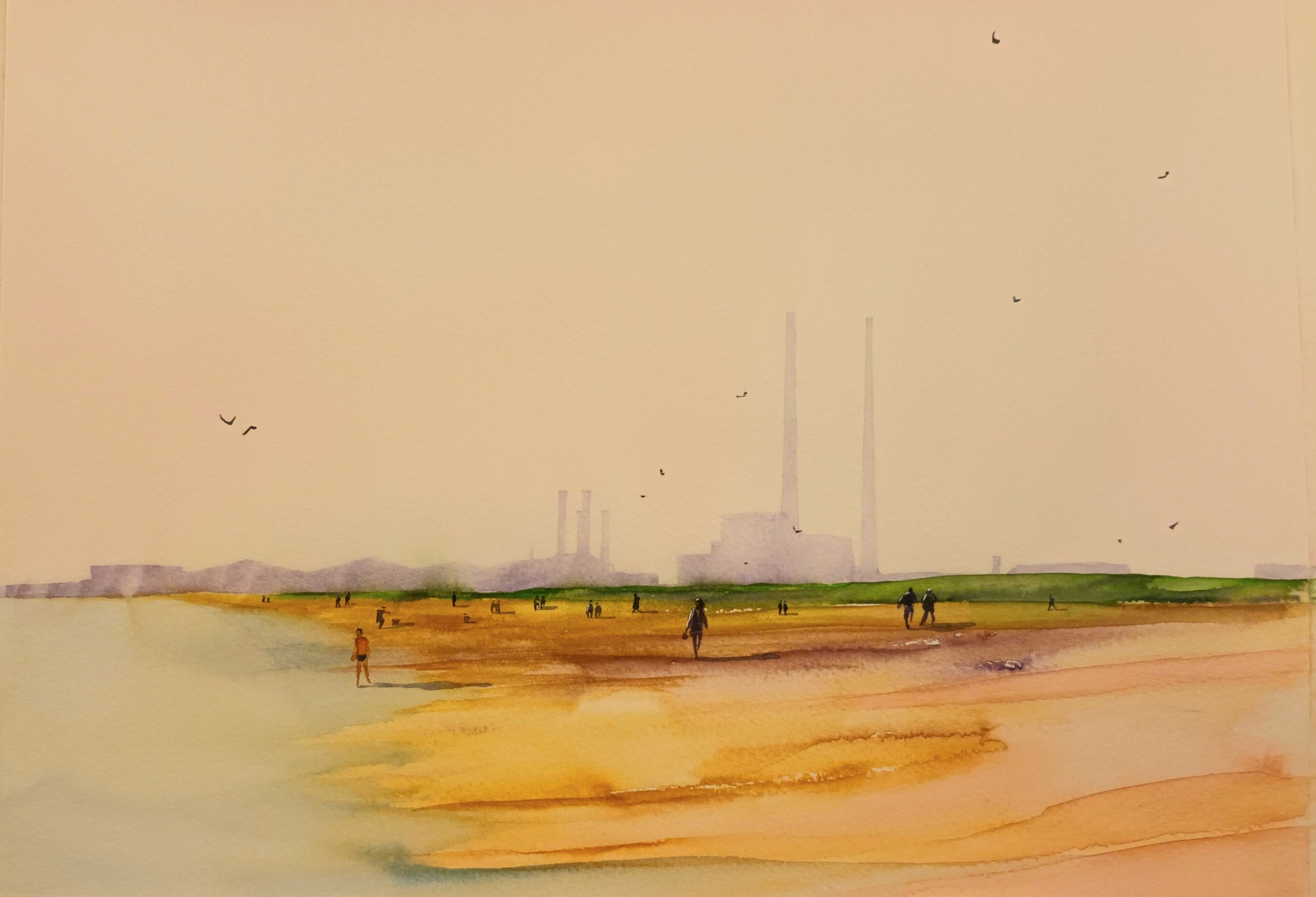 Watercolour painting of the Poolbeg Stacks/Chimneys, and Dollymount Strand, Dublin, Ireland, by Cathal O'Briain.