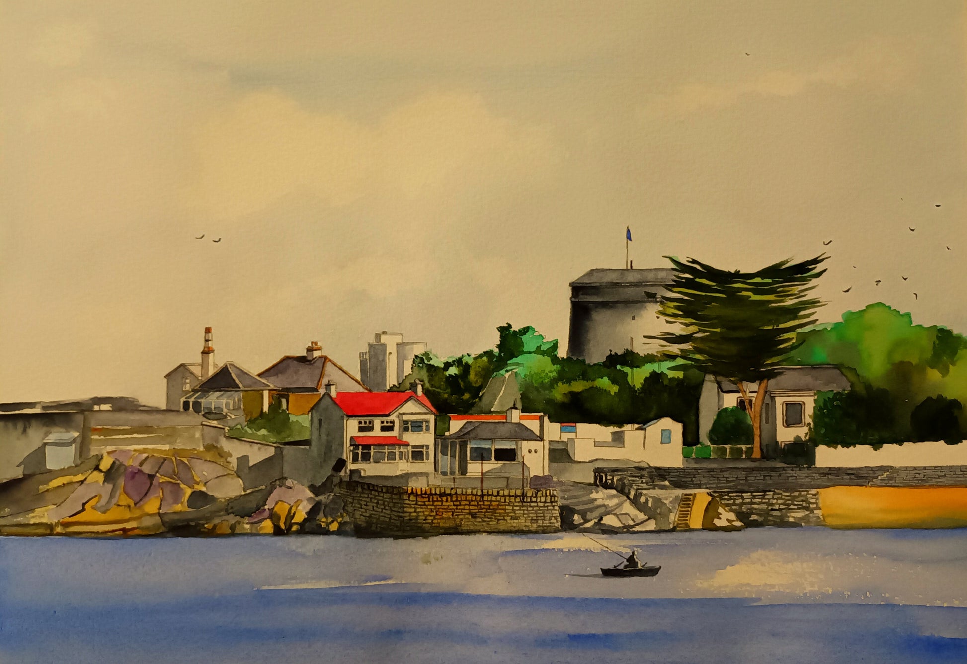 Watercolour pianting of Sandycove Harbour, Dublin, Ireland, by Cathal O'Briain