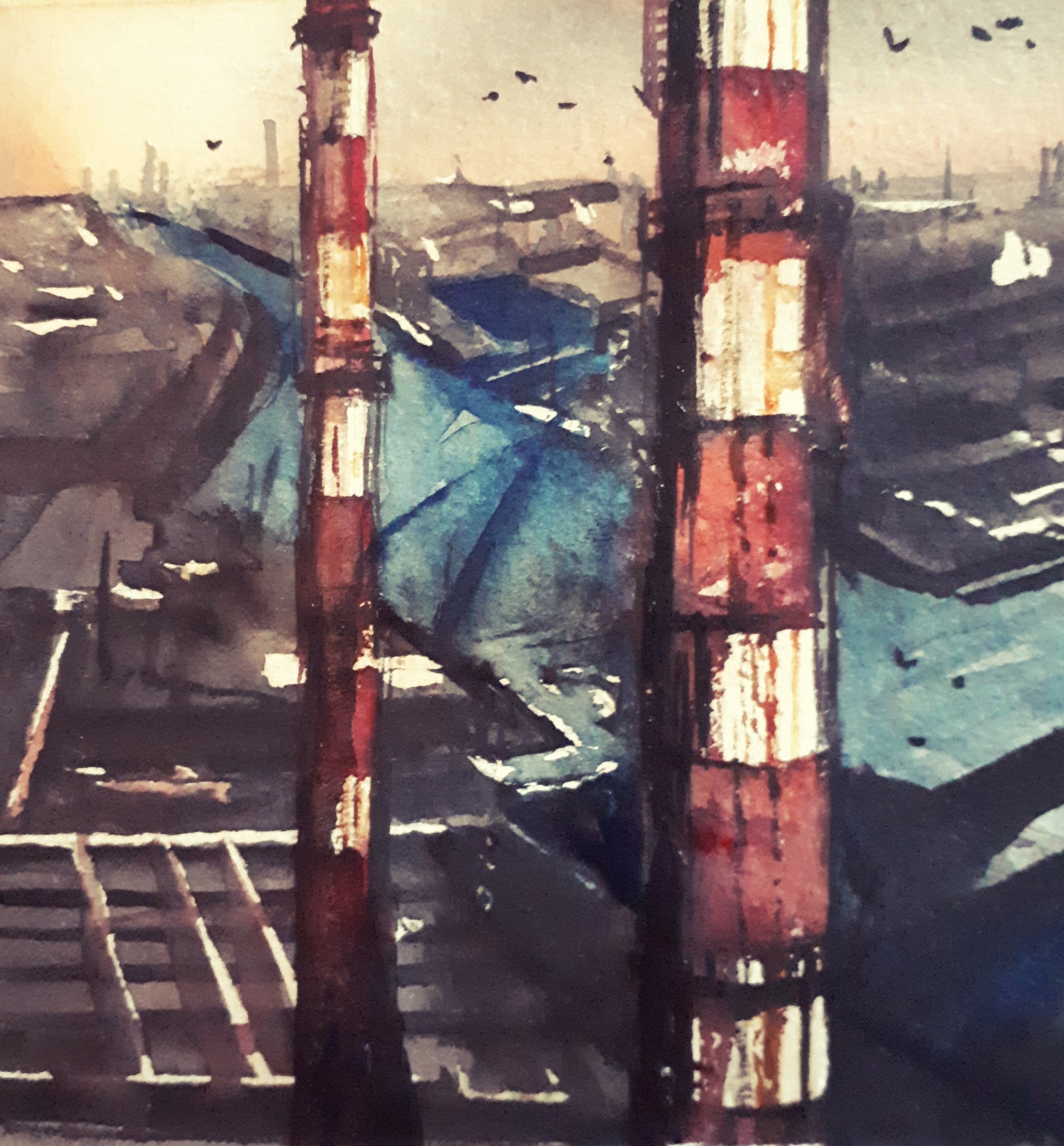 Fine Art Print of an Original Watercolour painting of the Poolbeg Stacks/Chimneys, Dublin, Ireland, by Cathal O'Briain.