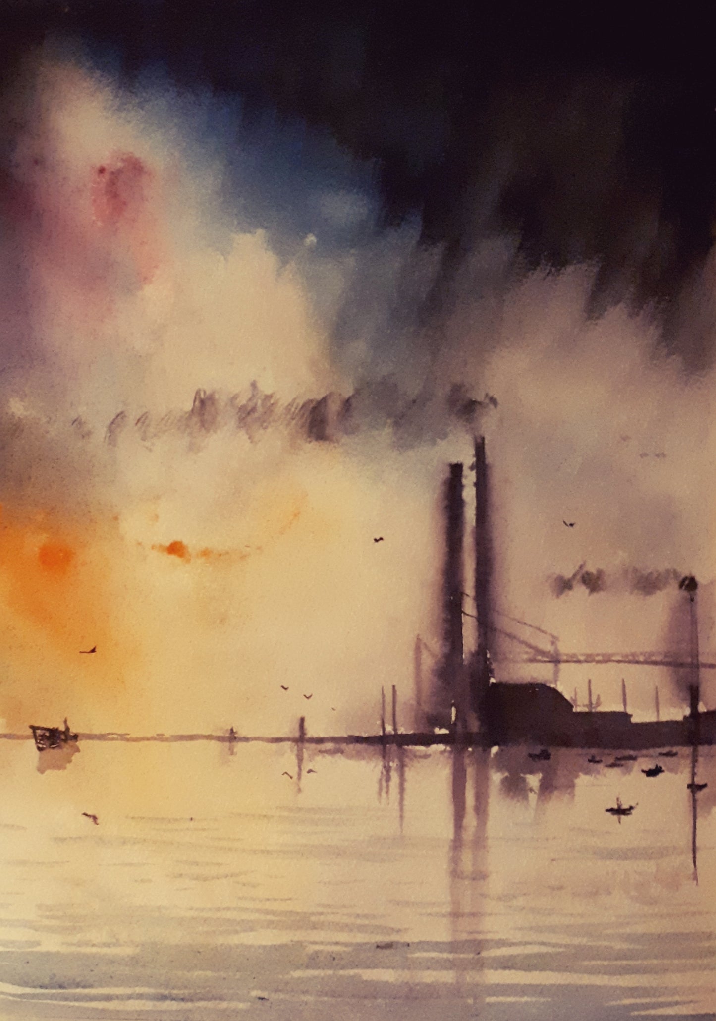 Watercolour painting of the Poolbeg Stacks/Chimneys, Dublin, Ireland, by Cathal O'Briain.