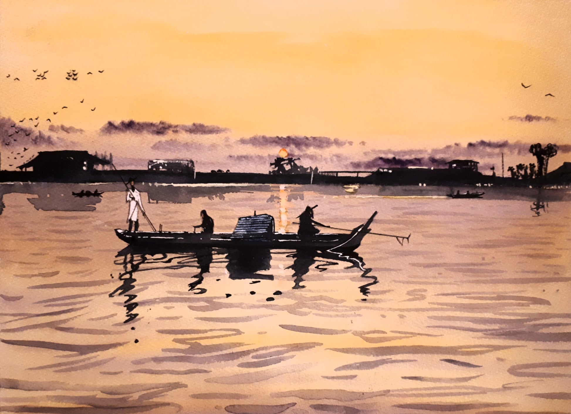 Watercolour Painting of Fishing Boats by Cathal O'Briain. New high quality neutral coloured frame to suit most any room. Signed by Artist.