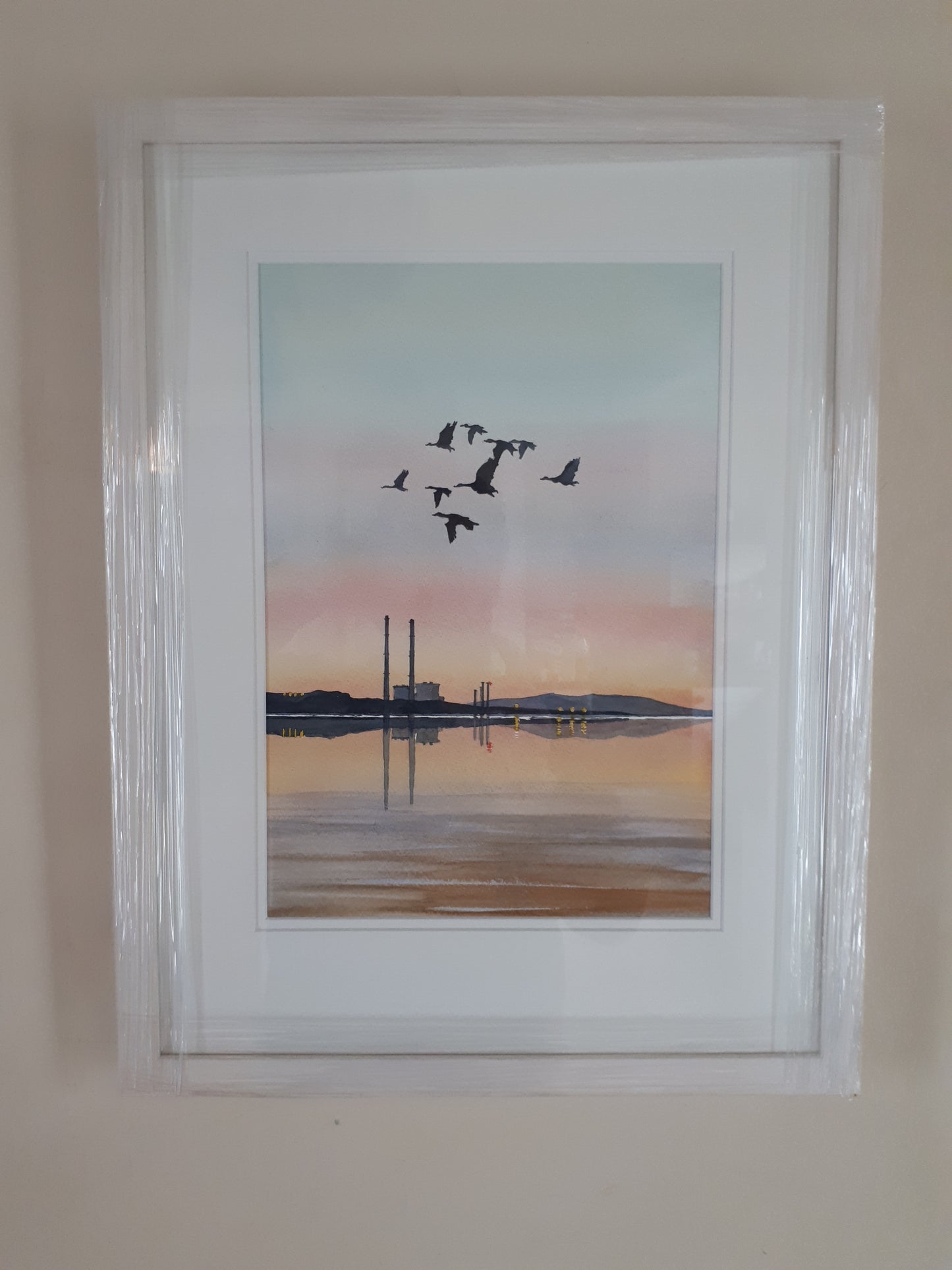 A3 Framed Fine Art Print of an Original Watercolour Painting of the 'Poolbeg Stacks' Sandymount, Dublin, Ireland, by Irish Artist Cathal O'Briain.
