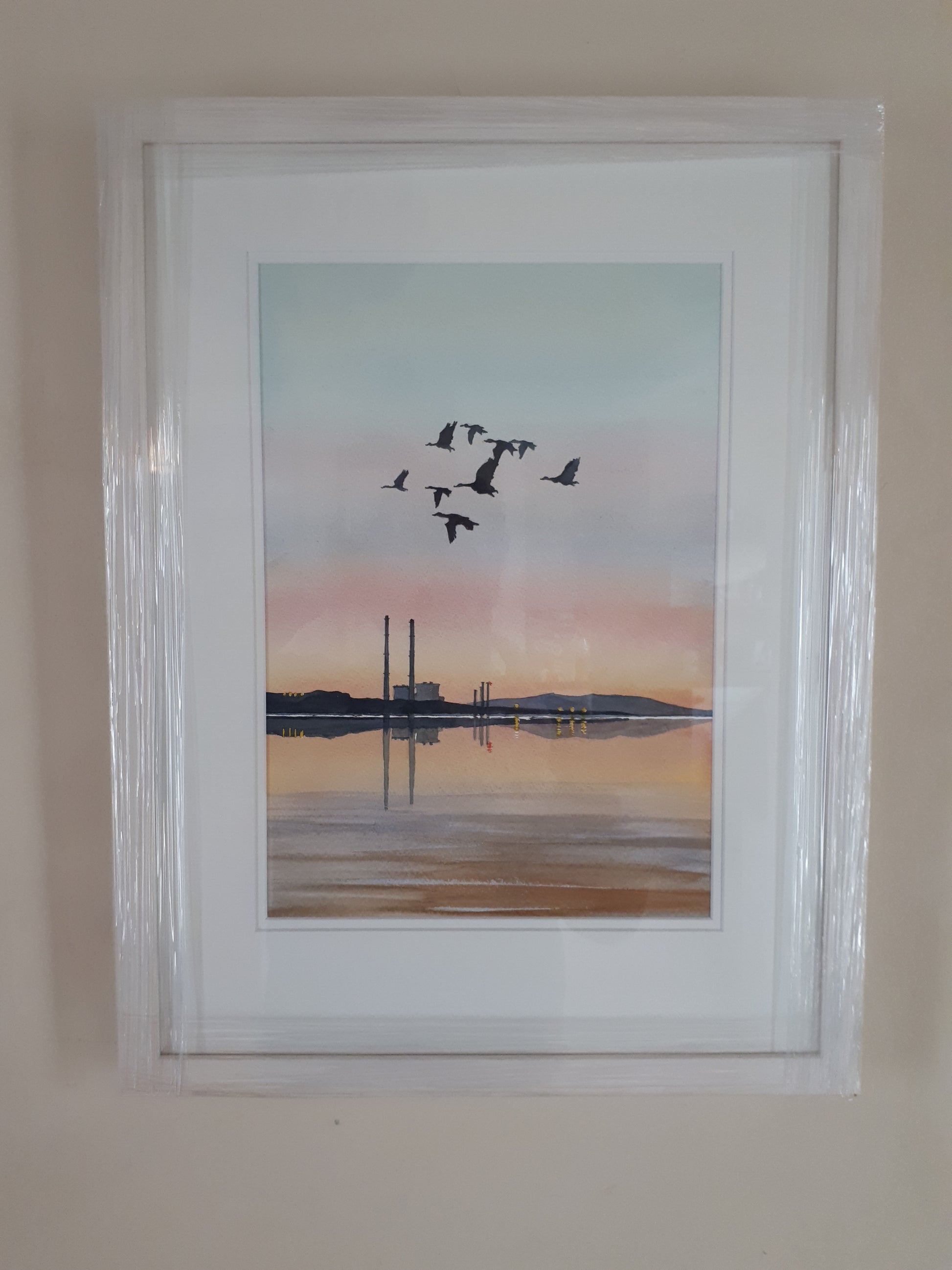 A3 Framed Fine Art Print of an Original Watercolour Painting of the 'Poolbeg Stacks' Sandymount, Dublin, Ireland, by Irish Artist Cathal O'Briain.