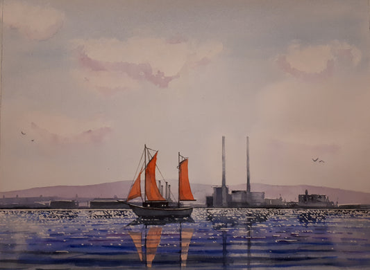 Watercolour painting of the Poolbeg Stacks/Chimneys, Dublin, Ireland, by Cathal O'Briain.