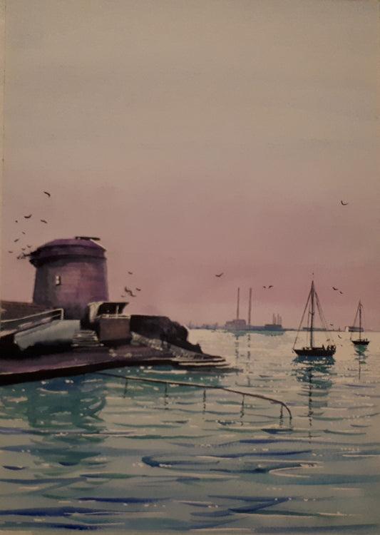 Watercolour painting of Martello Tower, Seapoint, Dublin, Ireland, by Cathal O'Briain.