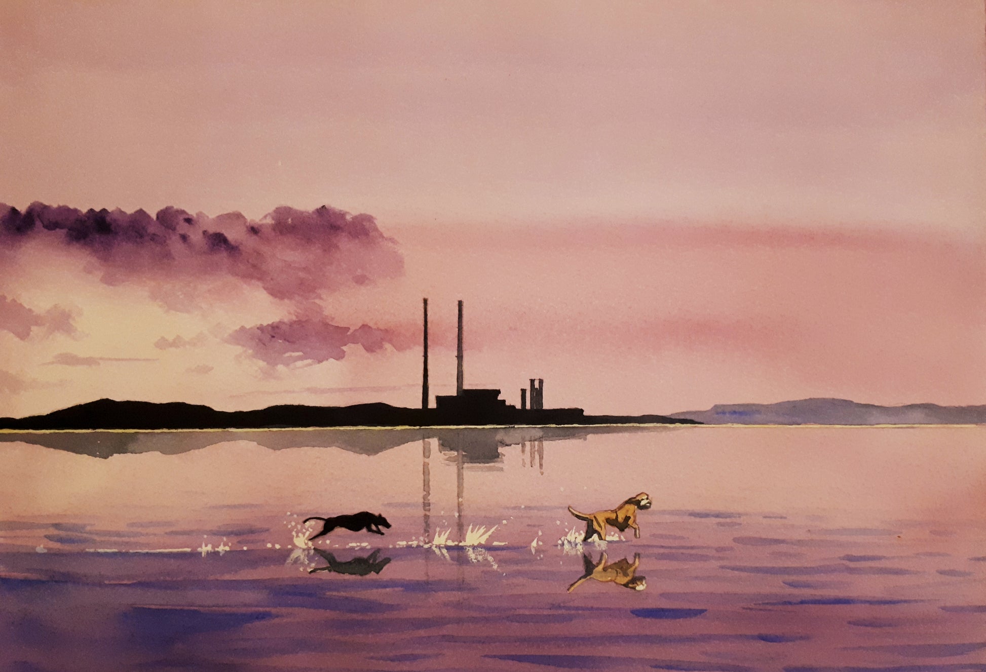 Watercolour painting of the Poolbeg Stacks/Chimneys, Dublin, Ireland, by Cathal O'Briain.