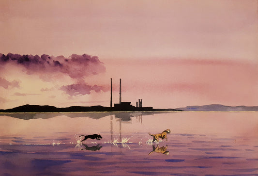 Watercolour painting of the Poolbeg Stacks/Chimneys, Dublin, Ireland, by Cathal O'Briain.