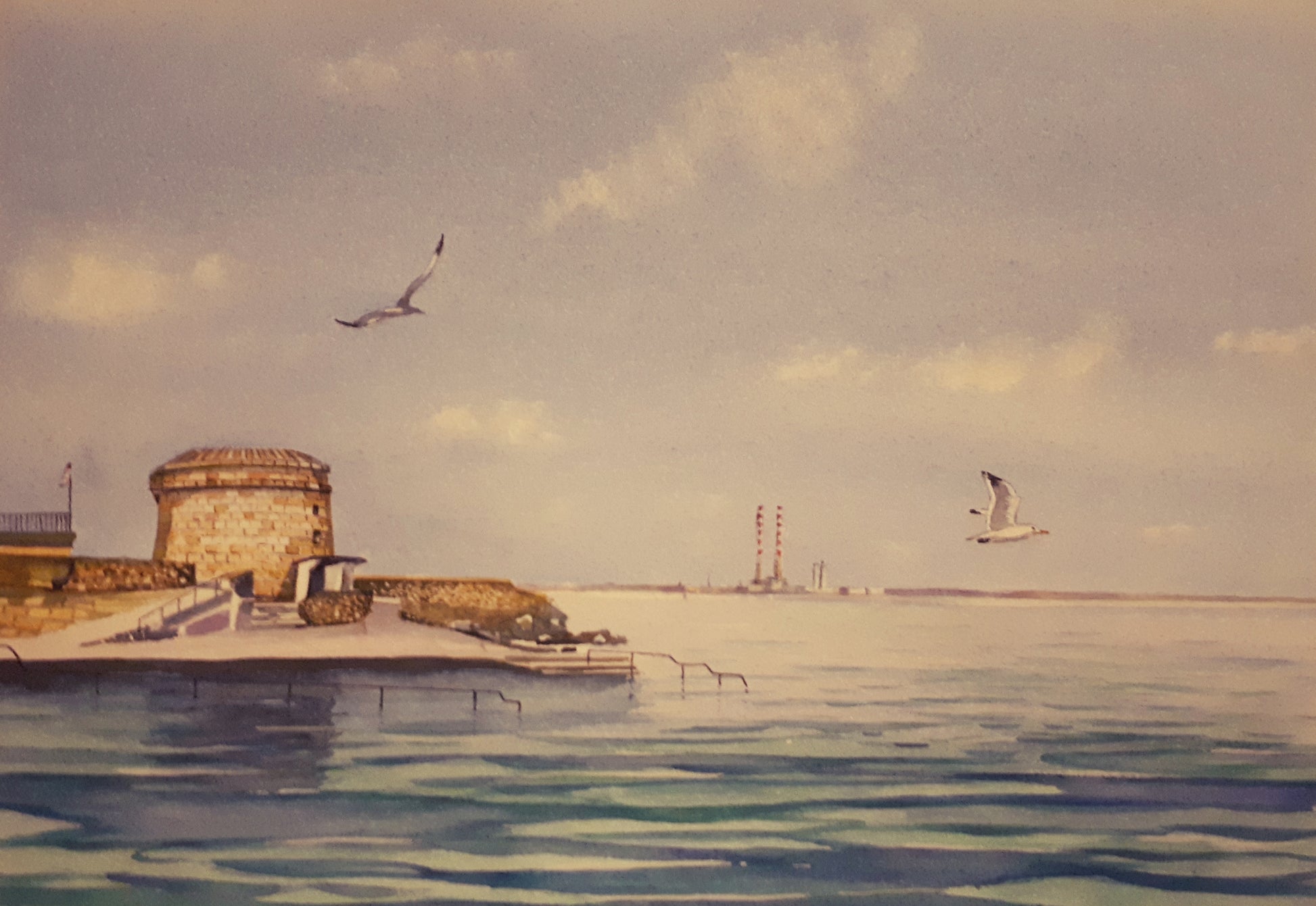 Watercolour painting of Martello Tower, Seapoint, Dublin, Ireland, by Cathal O'Briain.