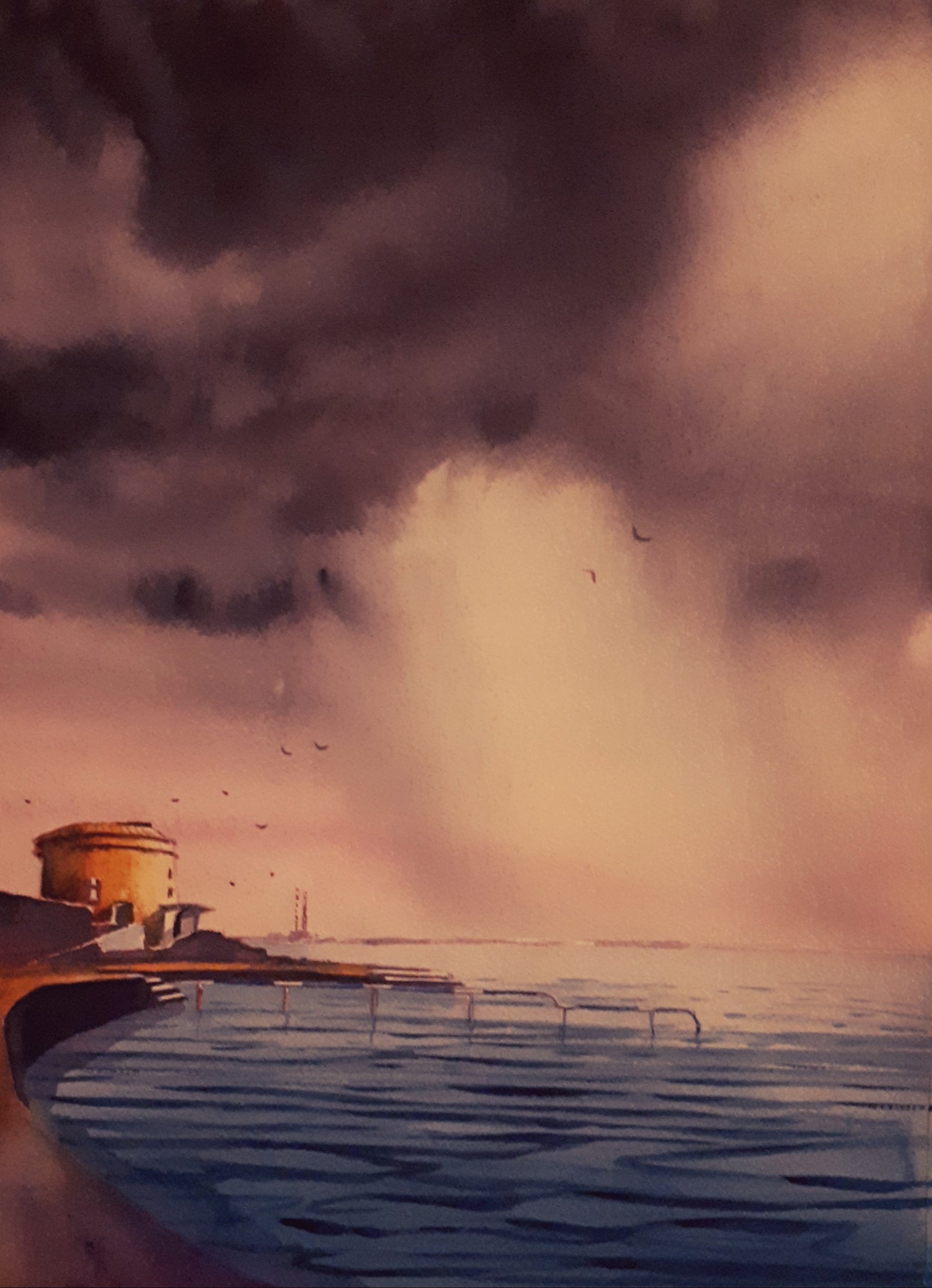 Watercolour painting of Martello Tower, Seapoint, Dublin, Ireland, by Cathal O'Briain.