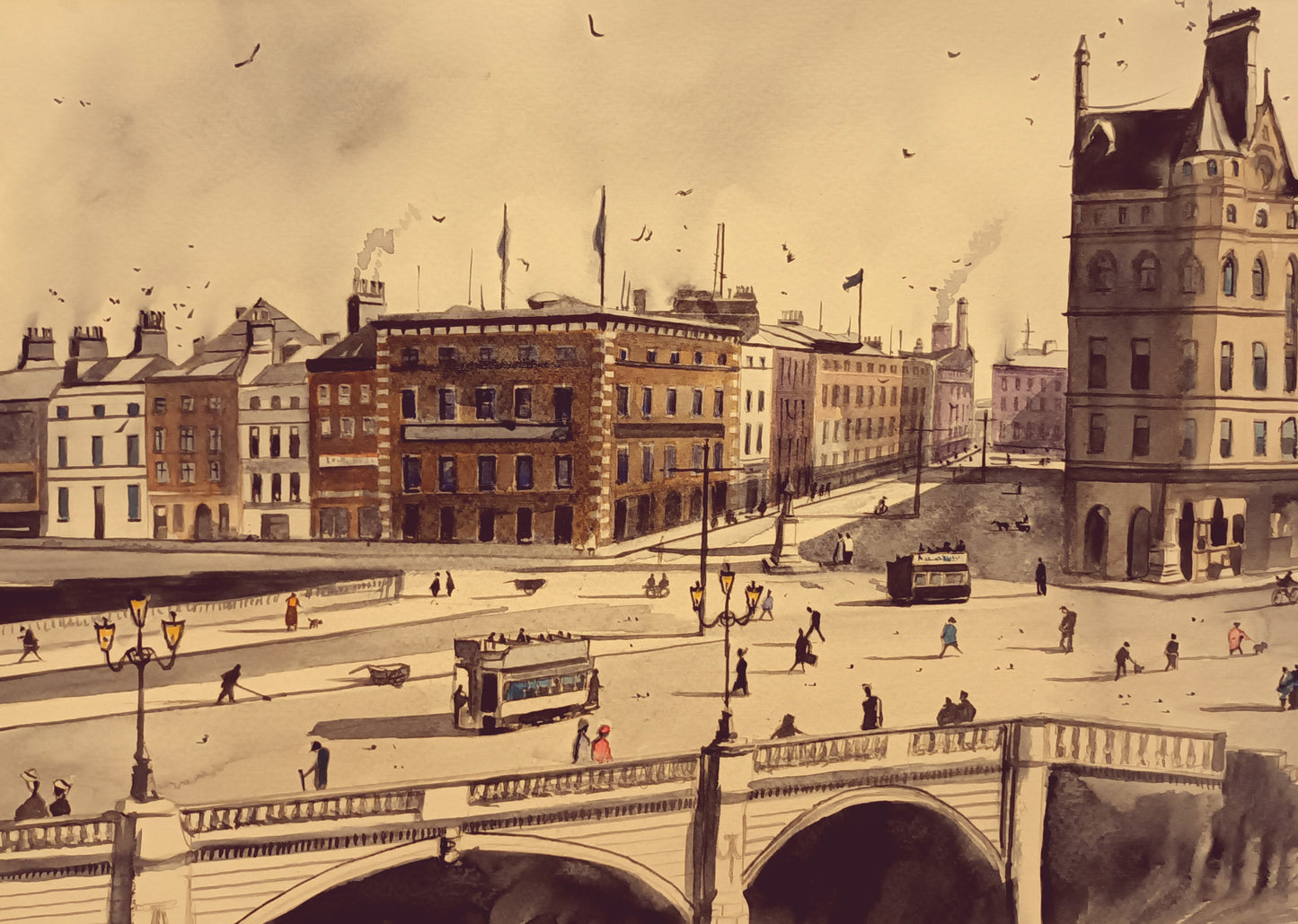 Watercolour painting of O'Connell Street, Dublin, Ireland, by Cathal O'Briain