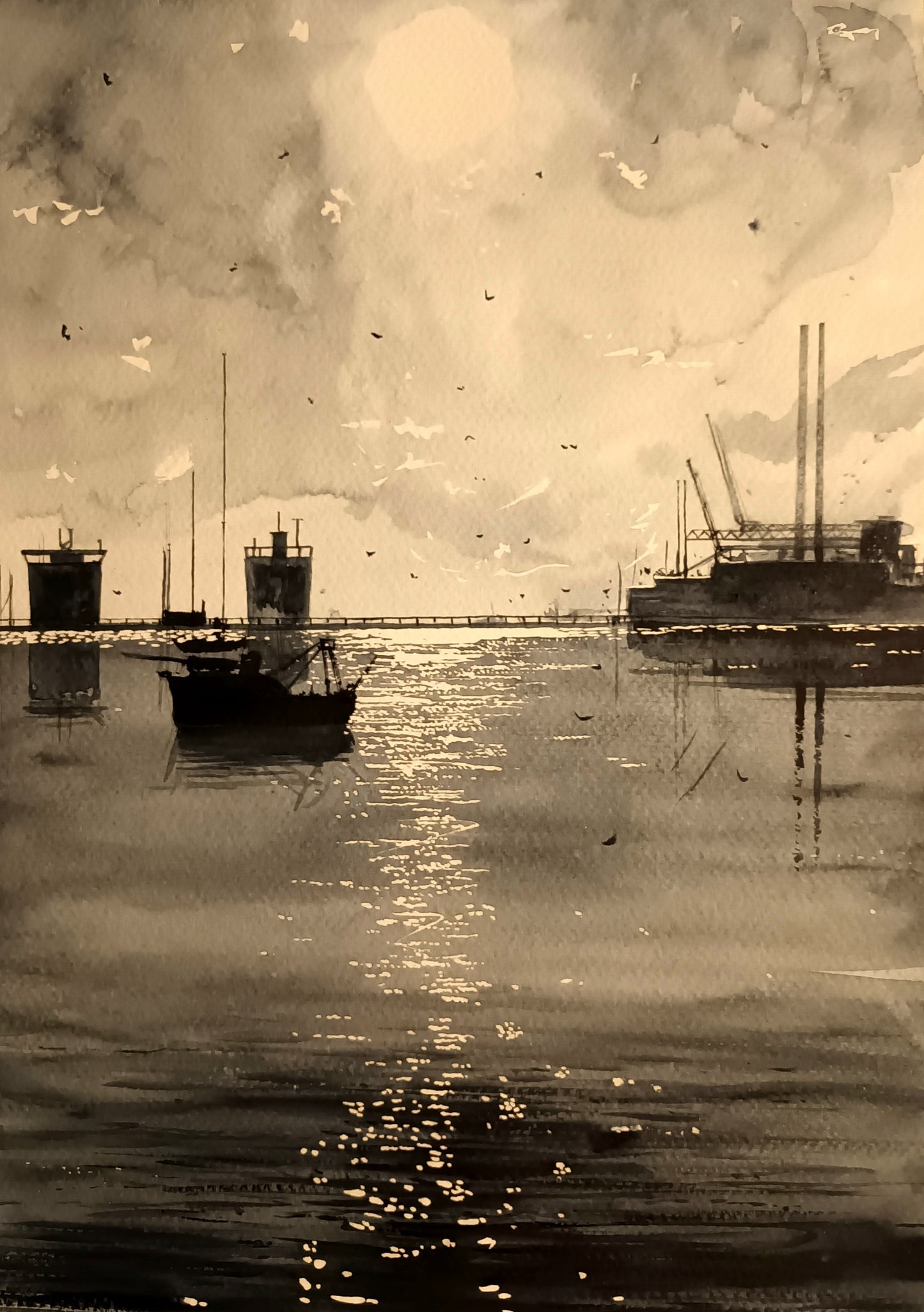 Watercolour painting of Dublin Docklands, Dublin, Ireland, by Cathal O'Briain