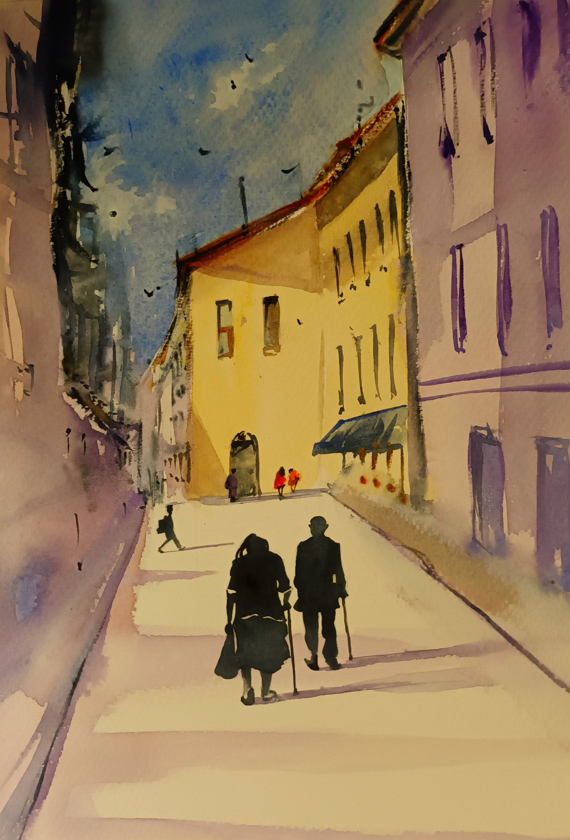 A3 Framed Watercolour painting of an elderly couple walking in Spain, by Cathal O'Briain.