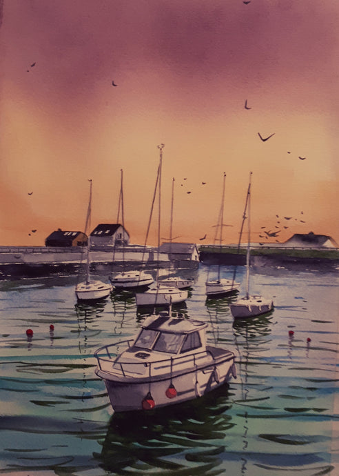 Water colour painting of boats in Courtown Harbour, Gorey, Wexford, by Cathal O'Briain