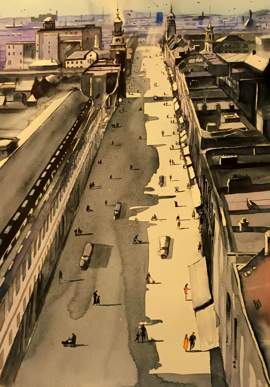 Watercolour Painting of the View from Nelson's Pillar, Dublin, looking Westward, by Cathal O'Briain