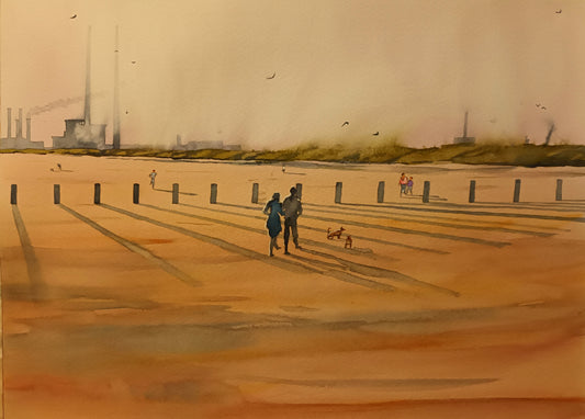 Watercolour painting of the Poolbeg Stacks/Chimneys, and Dollymount Strand, Dublin, Ireland, by Cathal O'Briain.
