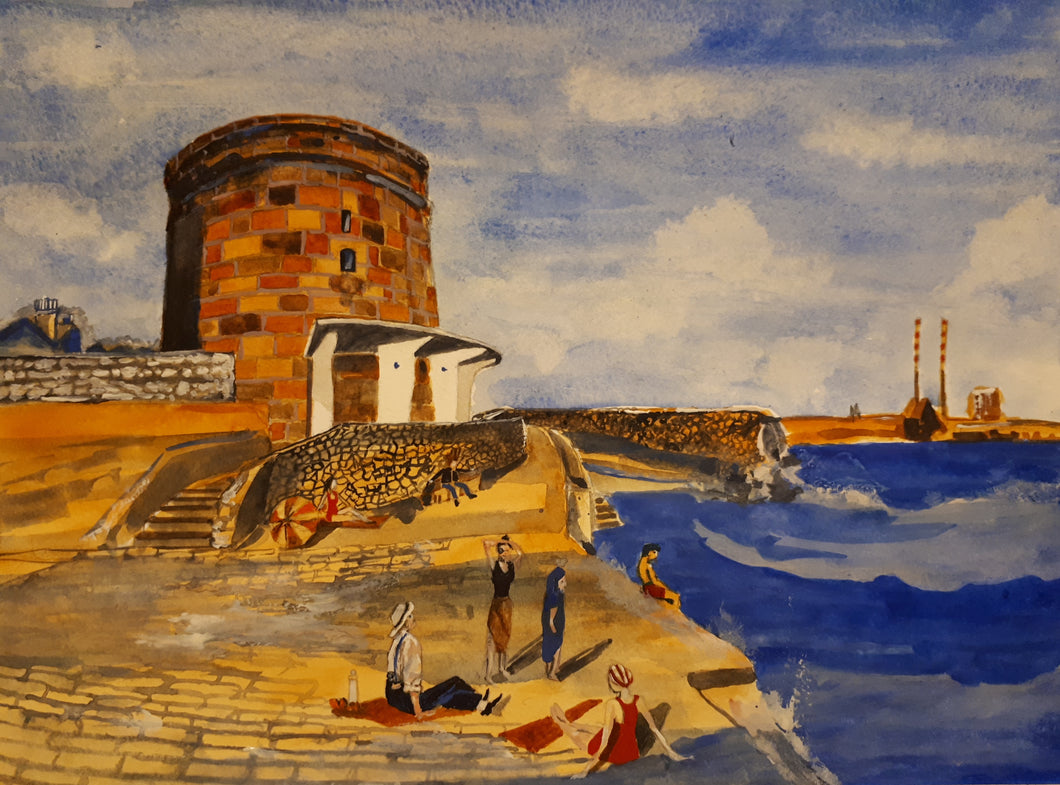 Original Watercolour Painting of Martello Tower, Dublin, Ireland, by Irish Artist Cathal O'Briain. Free P&P with Padded Protection within Ireland.  Comes professionally framed in a new, neutral coloured frame to most styles or settings.