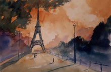 Load image into Gallery viewer, Watercolour Painting of the Eiffel Tower, Paris, France, by Irish Artist Cathal O&#39;Briain. Free P&amp;P with Padded Protection within Ireland.  Comes professionally framed in a new, neutral coloured frame to most styles or settings. 