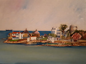 Original Oil Painting of Sandycove, Dublin, by Cathal O'Briain. New high quality neutral coloured frame with glass protection to suit most any room. 