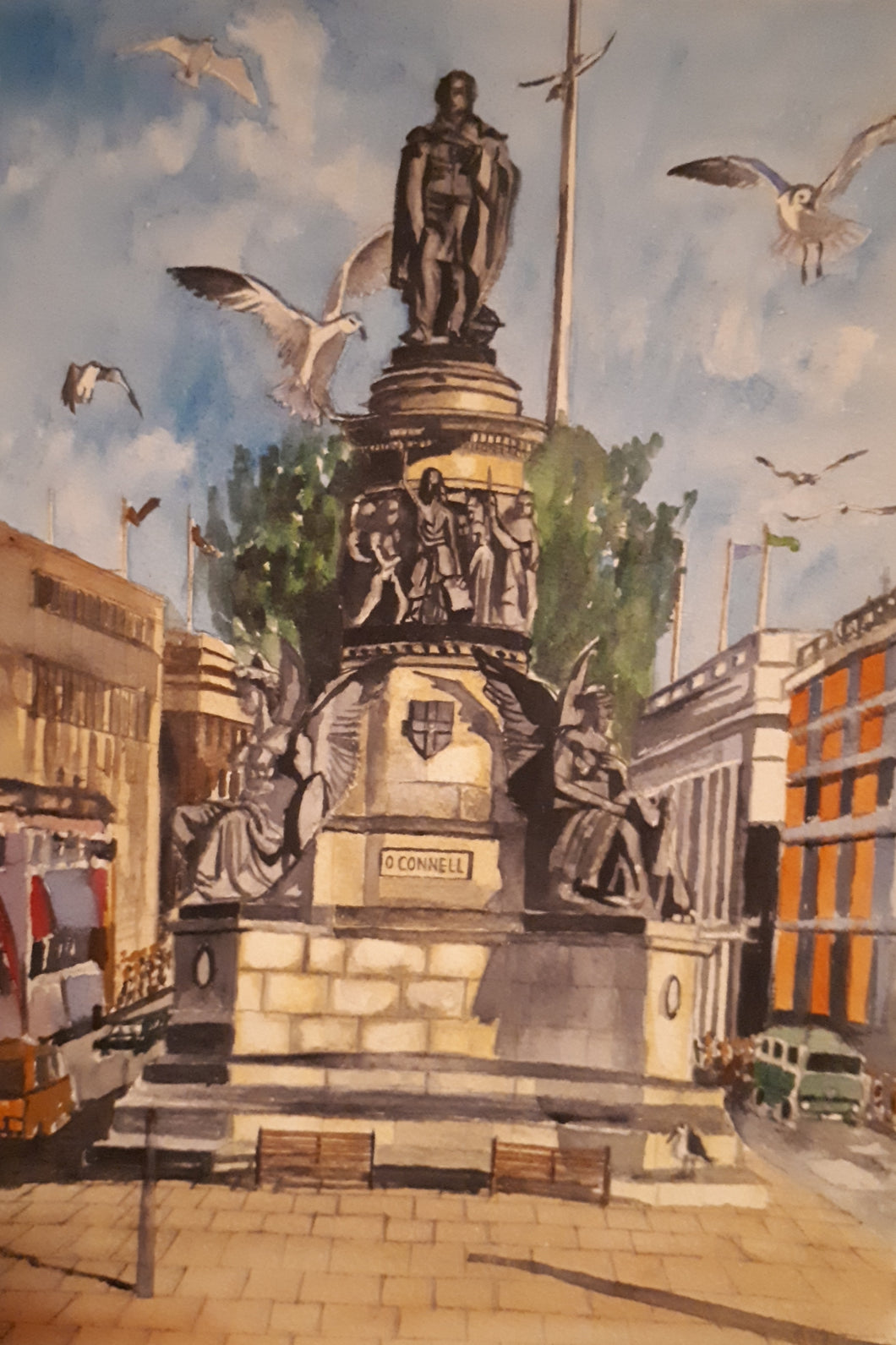 Original Watercolour Painting of O'Connell Street, Dublin, by Irish Artist Cathal O'Briain. Free P&P with Padded Protection within Ireland.