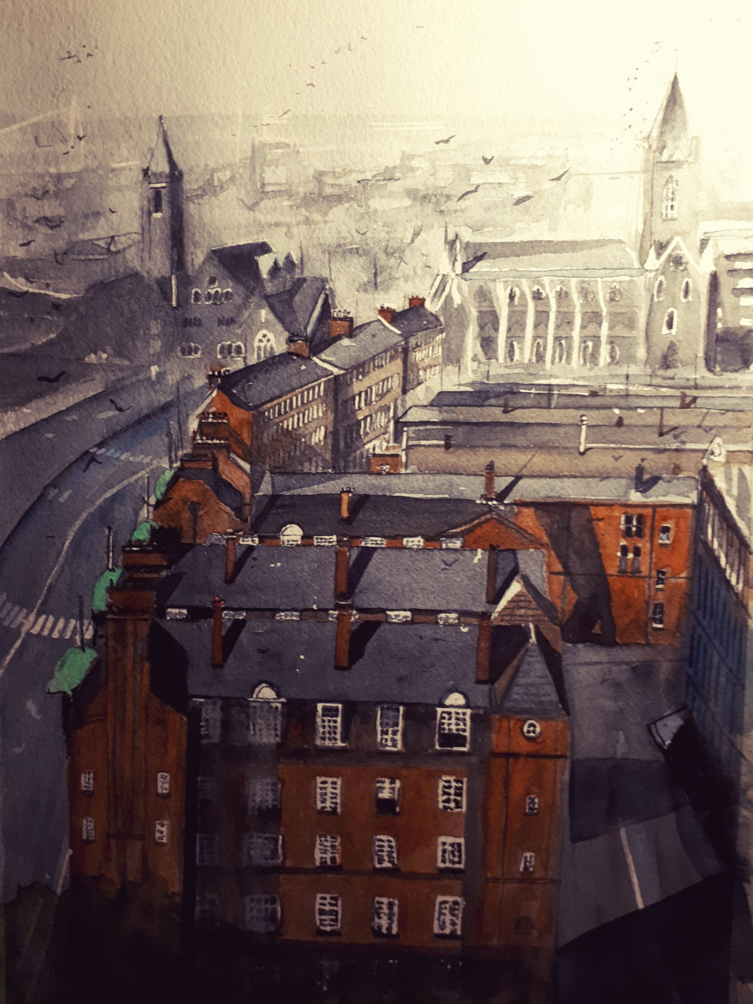 Original Watercolour Painting of the view from St. Patrick's Cathredral, Dublin, by Irish Artist Cathal O'Briain. Free P&P with Padded Protection within Ireland.