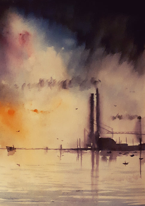 Watercolour painting of the Poolbeg Stacks/Chimneys, Dublin, Ireland, by Cathal O'Briain.