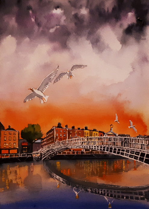 Original Watercolour Painting of Ha'penny Bridge, Dublin, Ireland, by Irish Artist Cathal O'Briain. Free P&P with Padded Protection within Ireland.