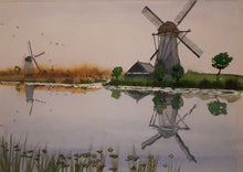 Load image into Gallery viewer, Original Watercolour Painting of Windmills in Kinderdijk, Netherlands, by Irish Artist Cathal O&#39;Briain. Free P&amp;P with Padded Protection within Ireland.