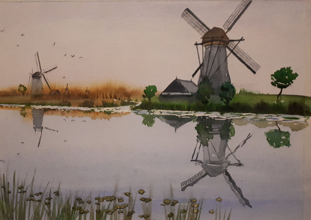 Original Watercolour Painting of Windmills in Kinderdijk, Netherlands, by Irish Artist Cathal O'Briain. Free P&P with Padded Protection within Ireland.
