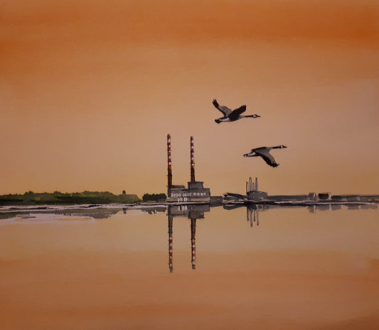 Original Watercolour Painting of the 'Poolbeg Stacks' and Sandymount, Dublin, Ireland, by Irish Artist Cathal O'Briain.