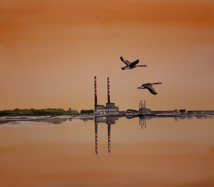 Original Watercolour Painting of the 'Poolbeg Stacks' and Sandymount, Dublin, Ireland, by Irish Artist Cathal O'Briain.