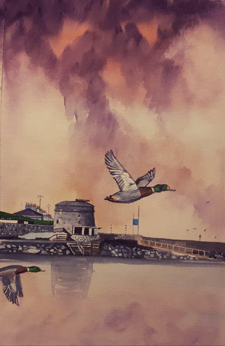 Watercolour painting of Martello Tower, Seapoint, Dublin, Ireland, by Cathal O'Briain.