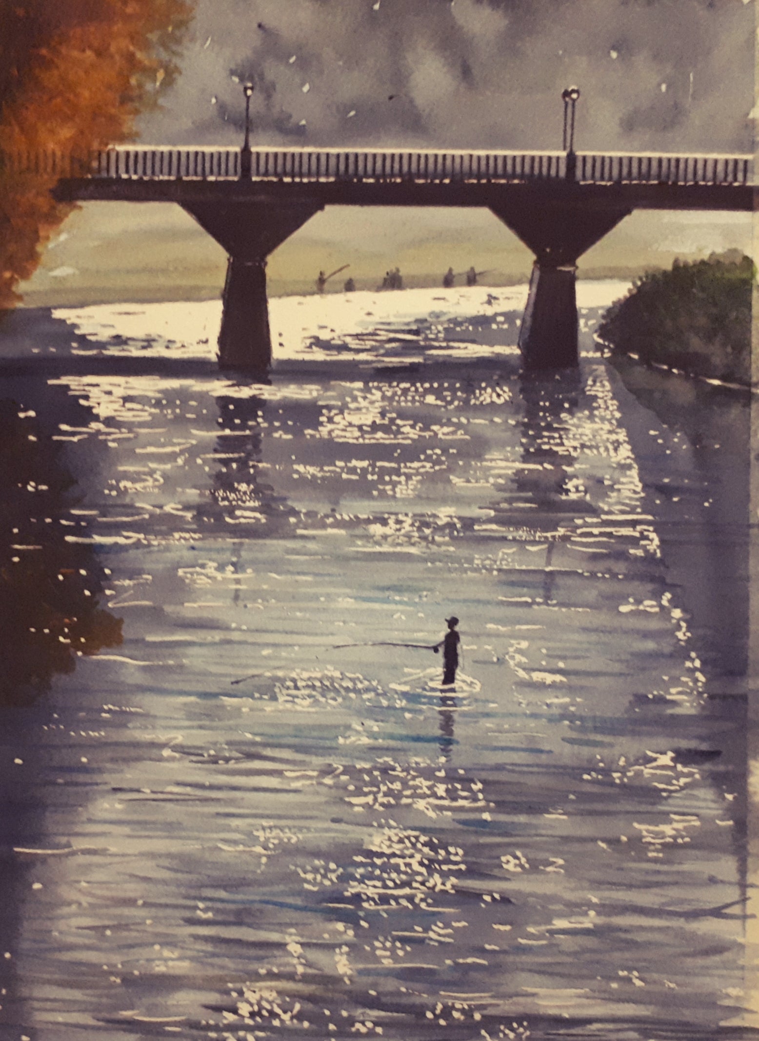 Watercolour Painting of a Fisherman on the Isar River in Munich, by Irish Artist Cathal O'Briain.