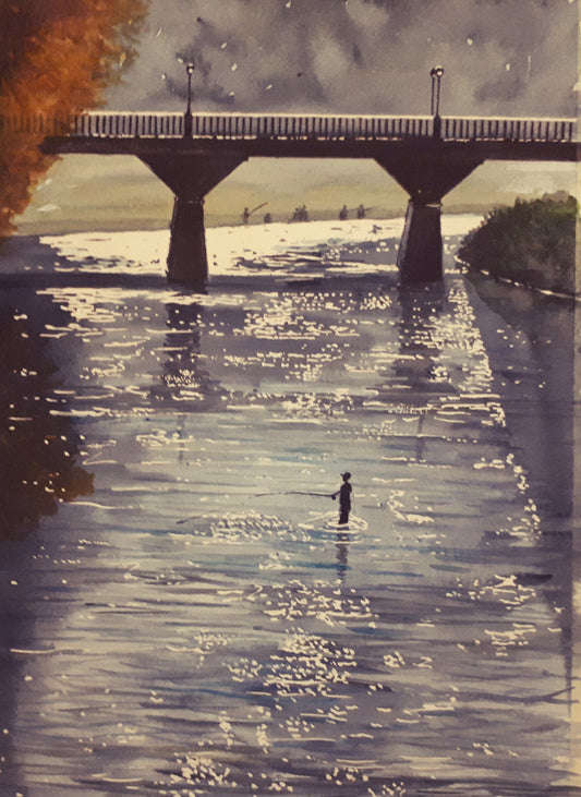 Watercolour Painting of a Fisherman on the Isar River in Munich, by Irish Artist Cathal O'Briain.