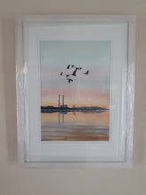 Load image into Gallery viewer, A3 Framed Fine Art Print of an Original Watercolour Painting of the &#39;Poolbeg Stacks&#39; Sandymount, Dublin, Ireland, by Irish Artist Cathal O&#39;Briain.