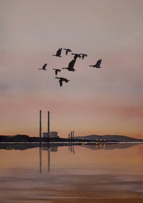 Watercolour painting of the Poolbeg Stacks/Chimneys, Dublin, Ireland, by Cathal O'Briain.