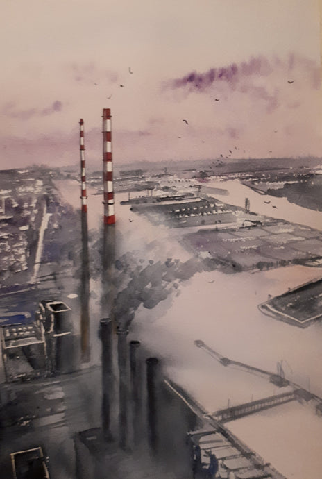 Original Watercolour Painting of the 'Poolbeg Stacks', Dublin, Ireland, by Irish Artist Cathal O'Briain.