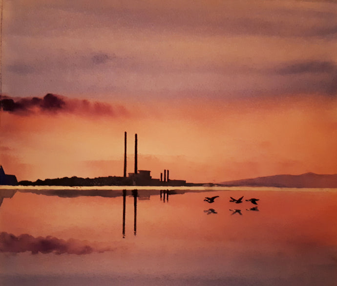 Original Watercolour Painting of the 'Poolbeg Stacks', and Sandymount, Dublin, Ireland, by Irish Artist Cathal O'Briain.