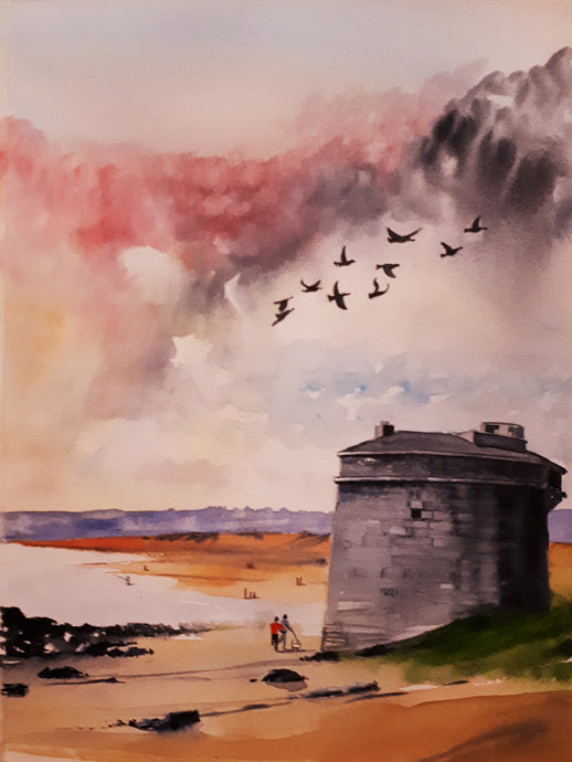 Watercolour painting of Martello Tower, Donabate, Dublin, Ireland, by Cathal O'Briain.