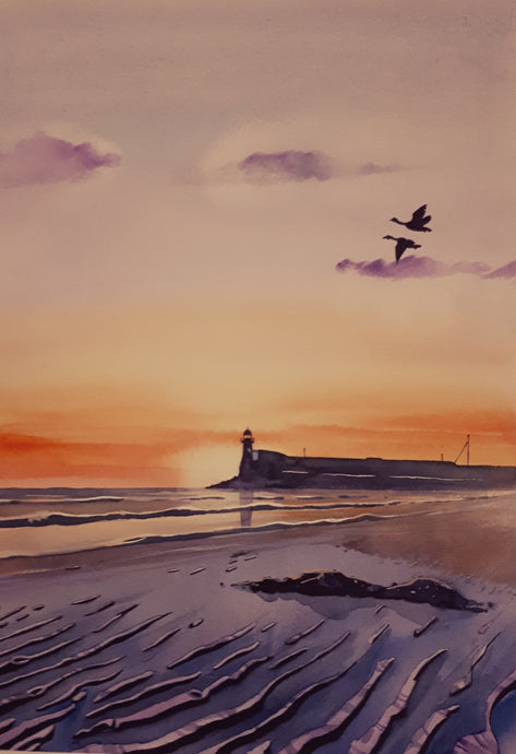 Watercolour painting of Balbriggan Lighthouse and Harbour, Dublin, Ireland, by Cathal O'Briain