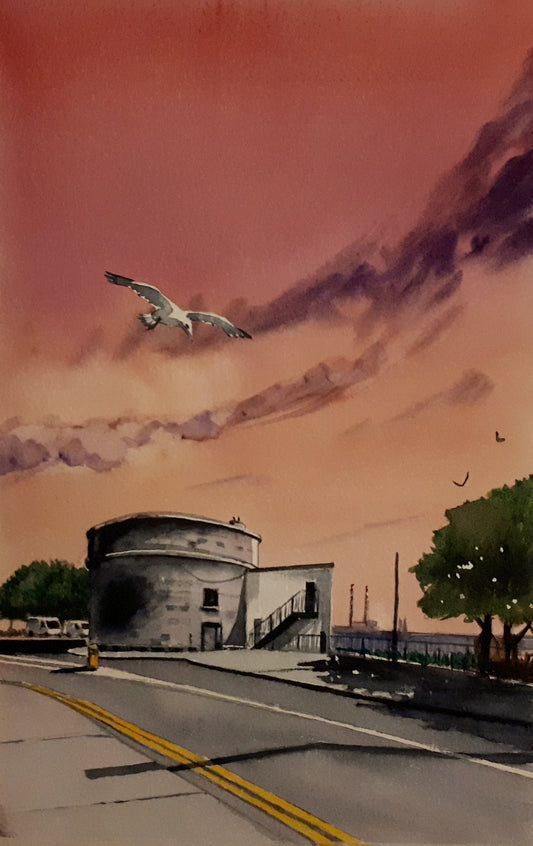 Watercolour painting of Martello Tower, Sandymount, Dublin, Ireland, by Cathal O'Briain.