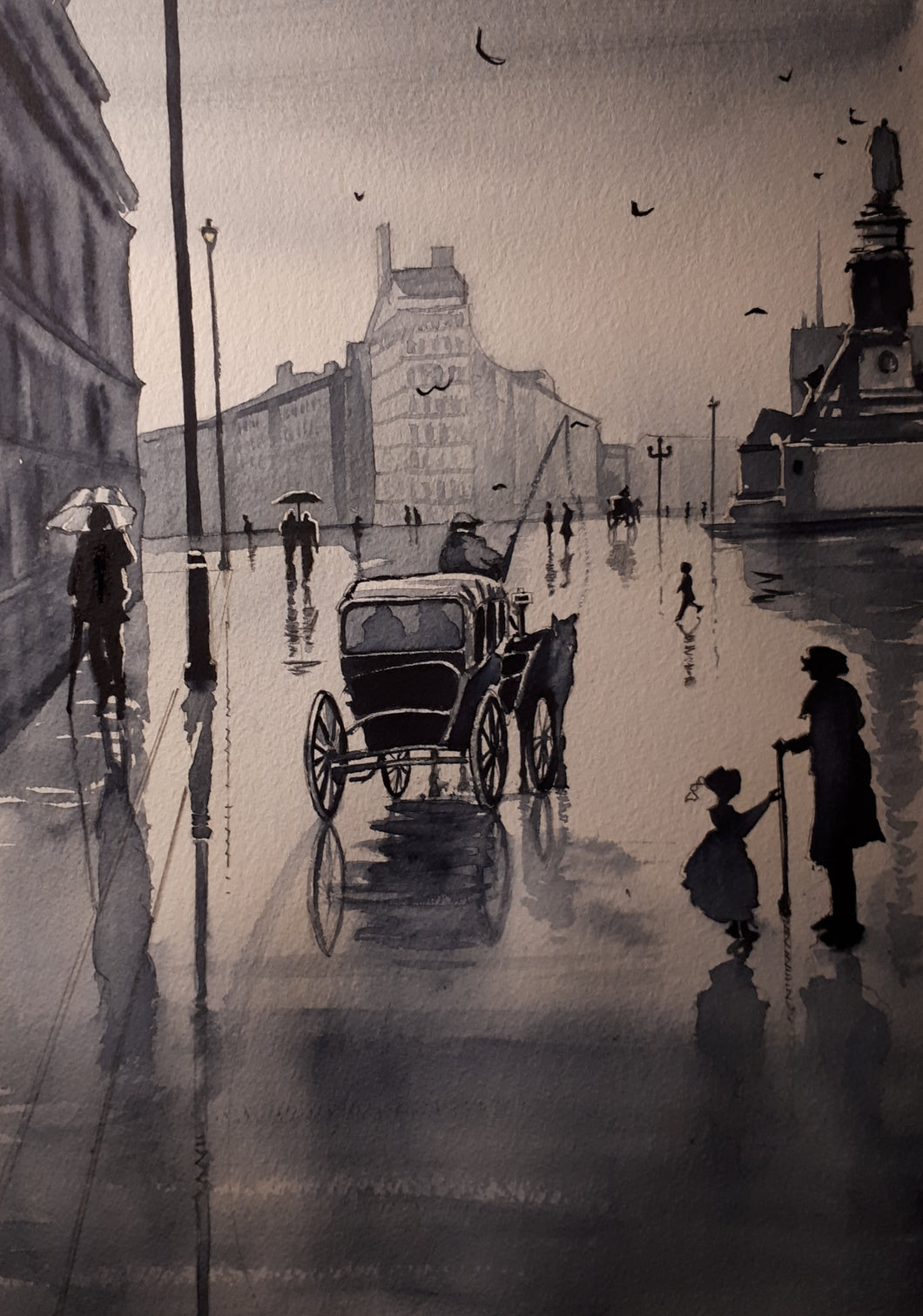 Watercolour painting of Sackville Street, Dublin, Ireland, by Cathal O'Briain