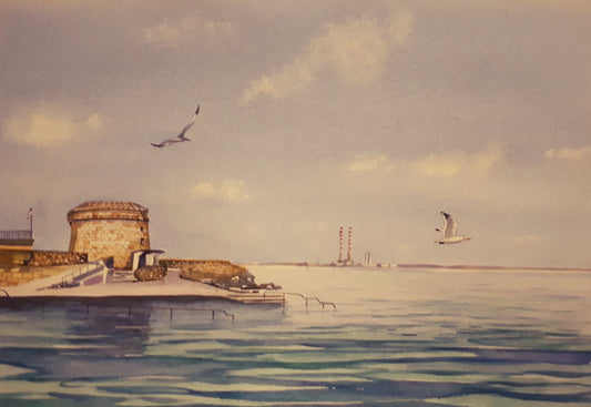 Watercolour painting of Martello Tower, Seapoint, Dublin, Ireland, by Cathal O'Briain.